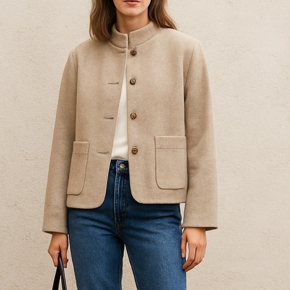 Cotelac Wool Blend Tan Boxy Short Jacket With Mandarin Collar Size 2/US8 ($435)